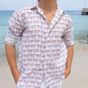 Pink House Mustique Mule Linen Golf Cart Print Shirt Medium